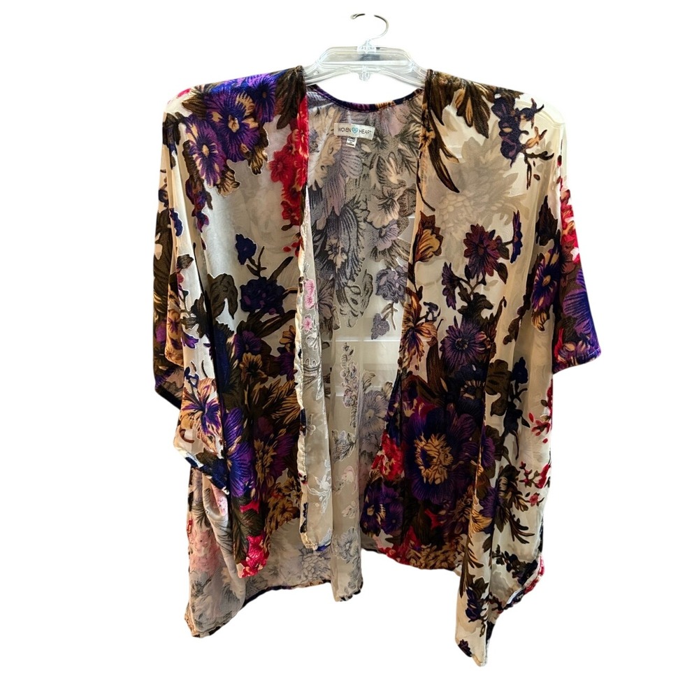 Woven Heart Floral Velvet Burnout‎ Kimono Wrap Purple Red One Size XELM20174286
